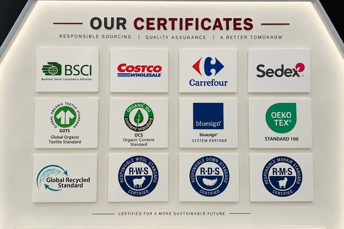 Wall display of textile certification, social audit and retailer logos.