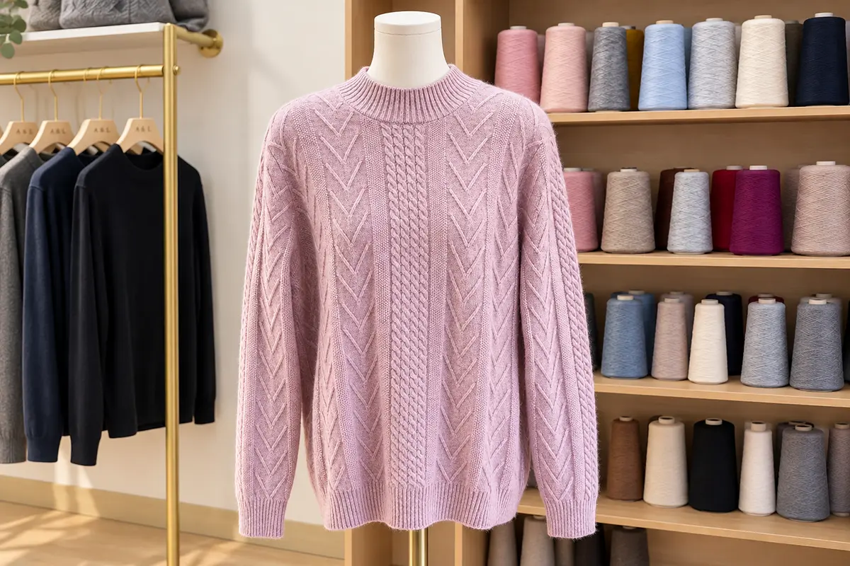 Pink cable-knit sweater on a mannequin beside shelves of yarn cones.