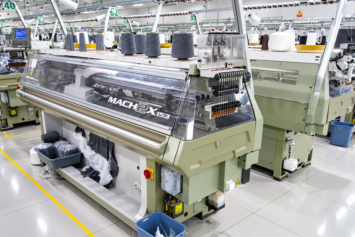 Computerized knitting machine with gray yarn cones in a factory workshop.