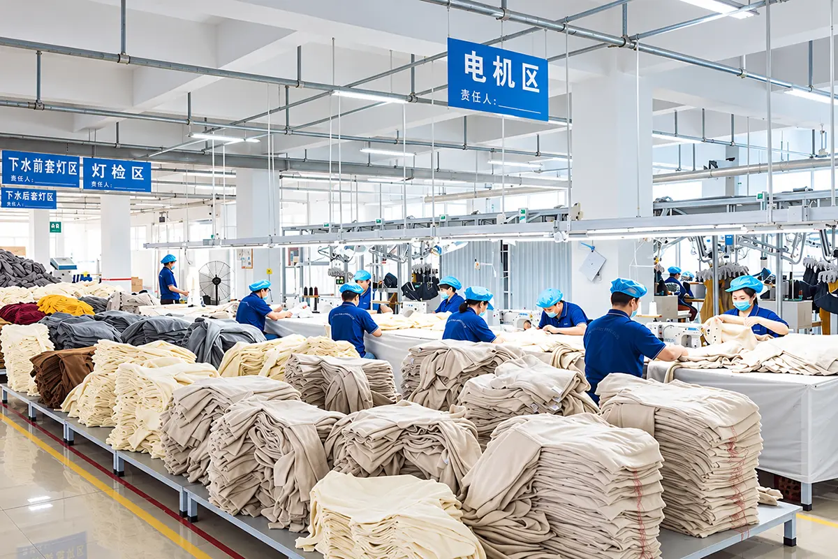Workers handling garments at production tables beside stacks of knitwear.