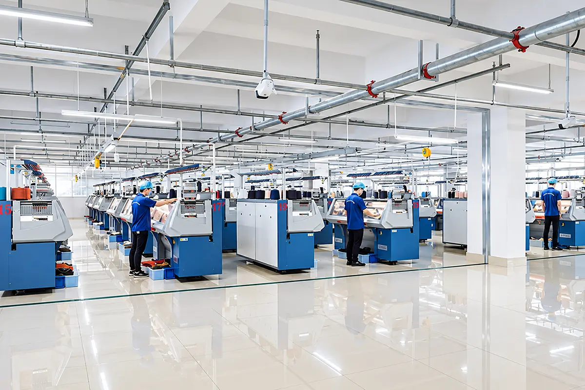 Workers operating rows of computerized knitting machines in a bright factory workshop.