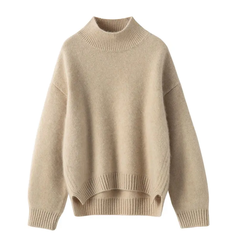 Beige mock-neck sweater with dropped shoulders and a ribbed hem.