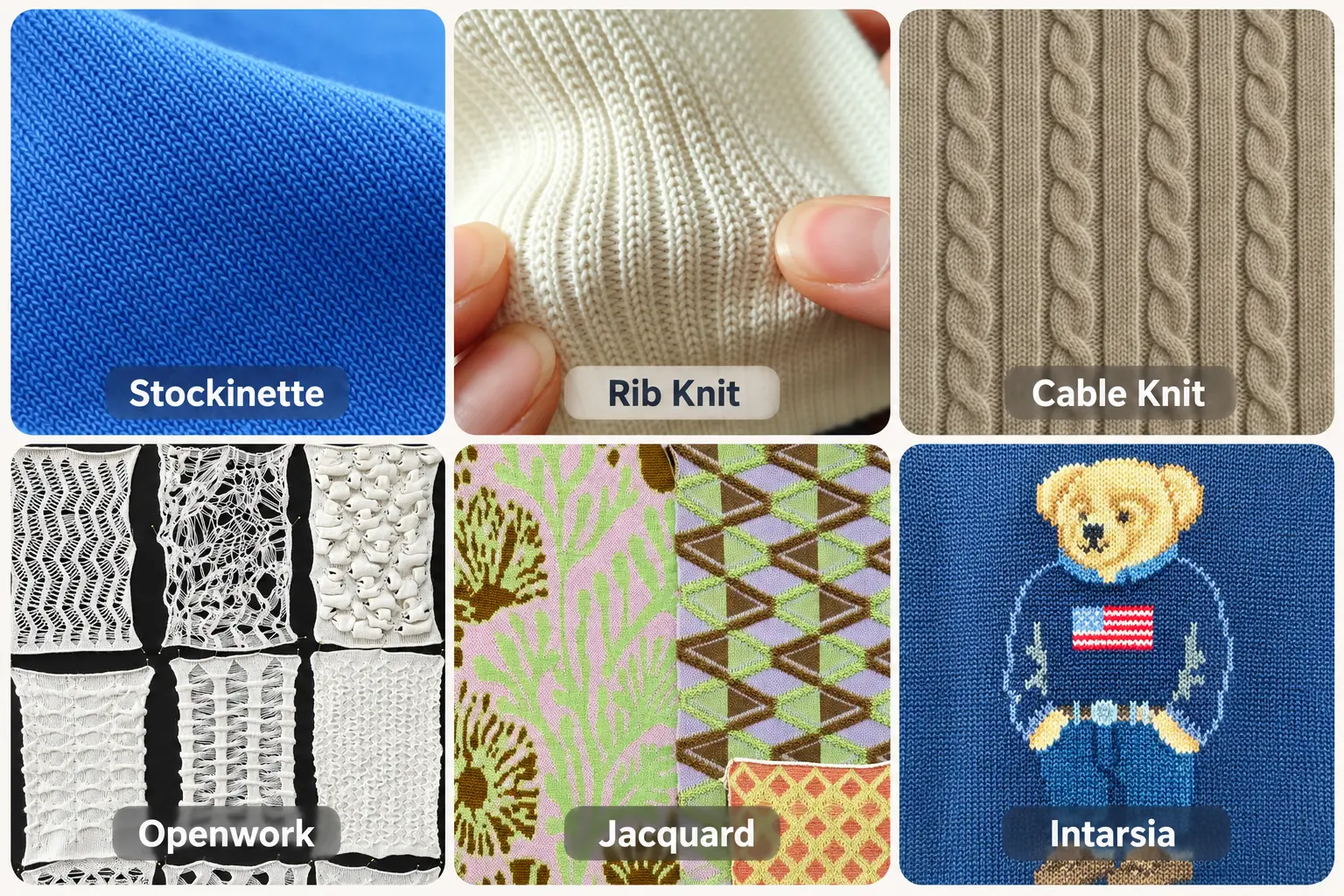 Six knit textures: stockinette, rib knit, cable knit, openwork, jacquard, and intarsia.