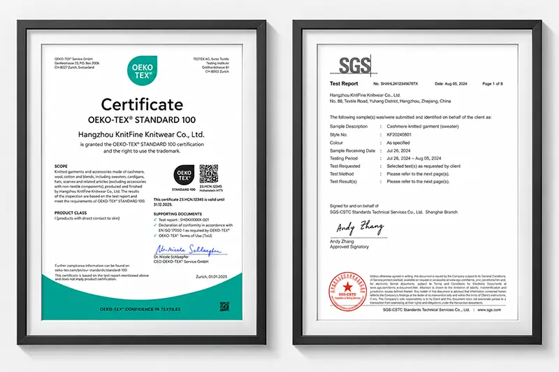 Framed OEKO-TEX STANDARD 100 certificate and SGS test report.