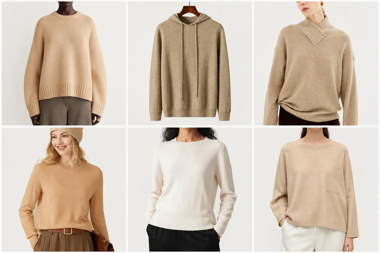 Six sweater styles with different silhouettes, necklines, and shoulder shapes.