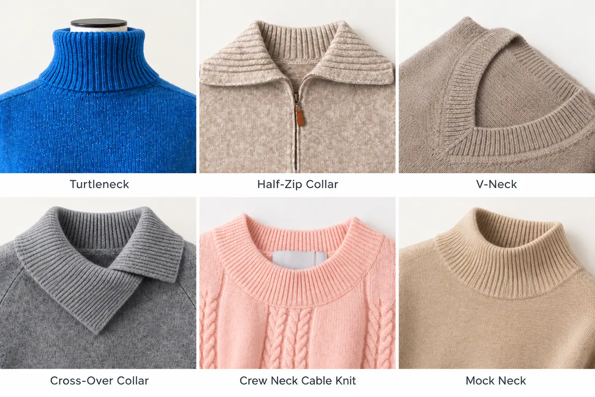 Six sweater necklines: turtleneck, half-zip, V-neck, cross-over collar, cable-knit crew neck, and mock neck.