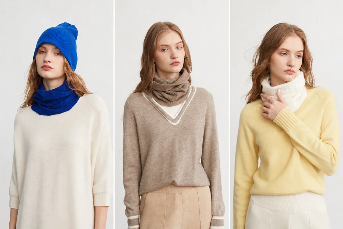 Three sweater looks in cream, taupe, and pale yellow, styled with scarves.