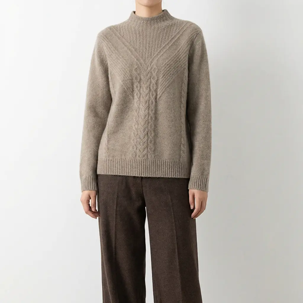 Model wearing a taupe cable-knit sweater with ribbed edges.