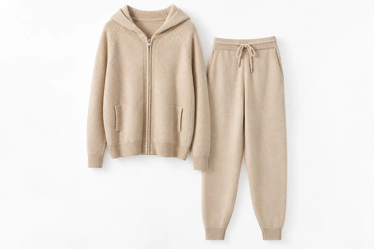 Matching beige zip-up hoodie and drawstring knit pants.