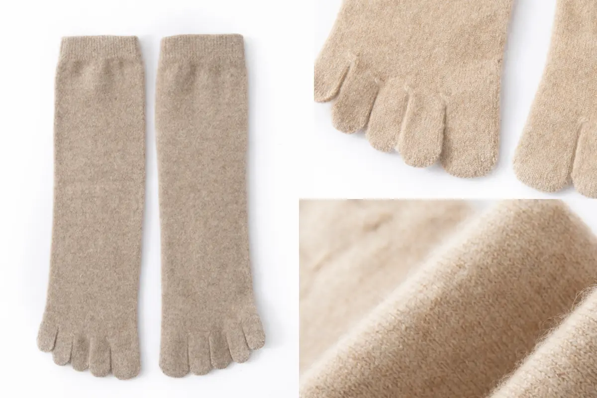 Beige knit toe socks with close-up views of the toe sections and fabric.