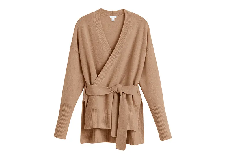 Camel wrap cardigan with a tie belt and front patch pockets.