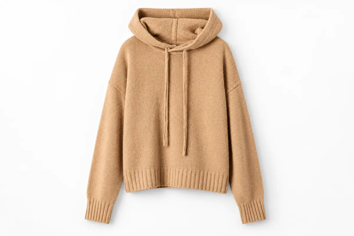 Camel knit pullover hoodie with drawstrings and ribbed cuffs.