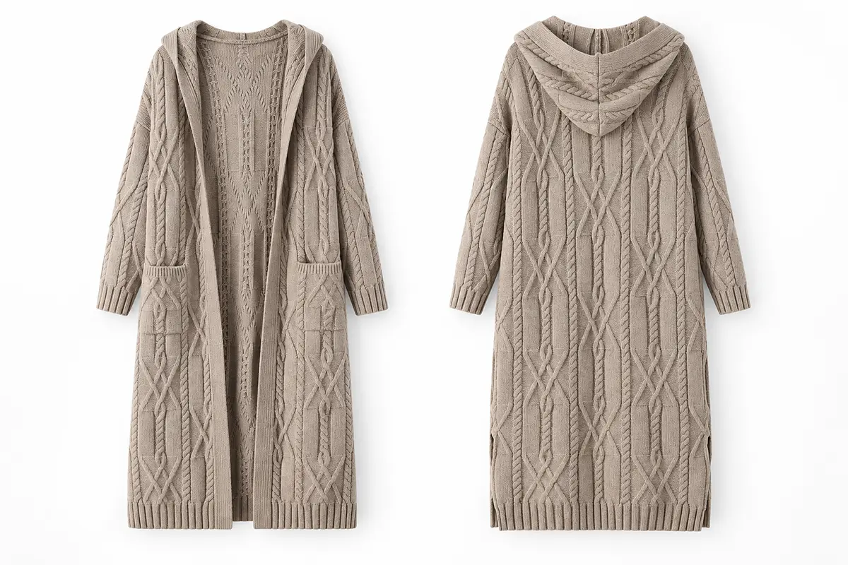 Front and back views of a long hooded cable-knit coat with patch pockets.