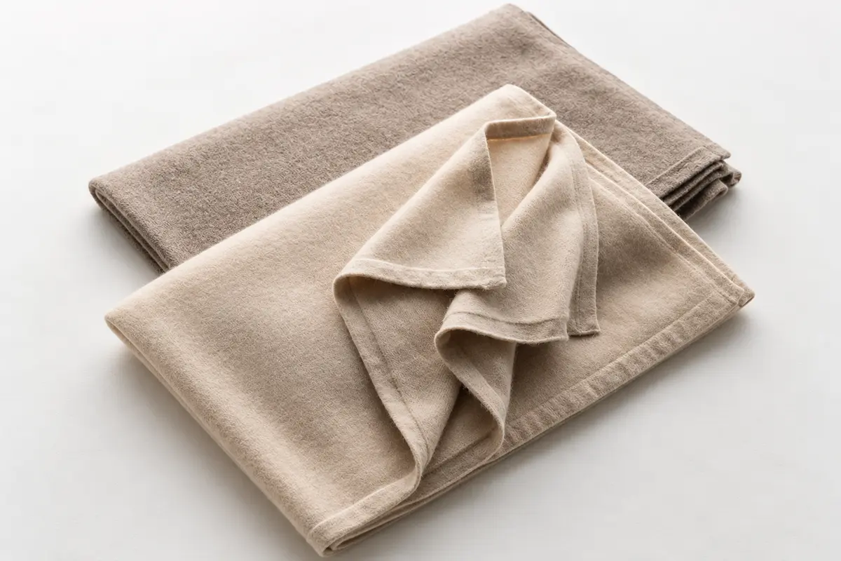 Taupe and cream knit blankets folded to show their edges and texture.