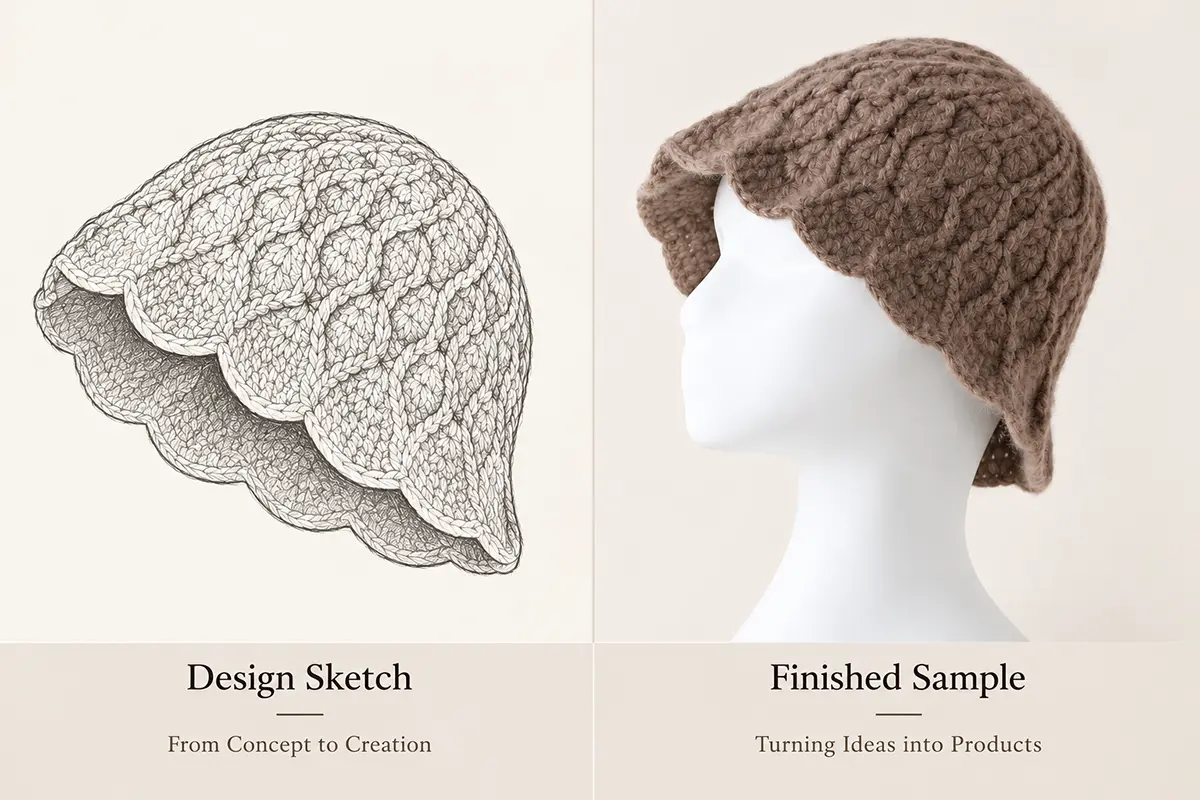Design sketch beside a finished brown textured knit hat on a mannequin.