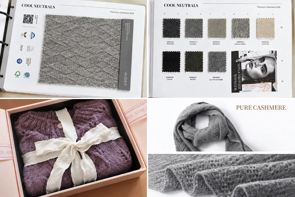 Knit pattern and color swatches, a ribbon-tied gift box, and a gray scarf.