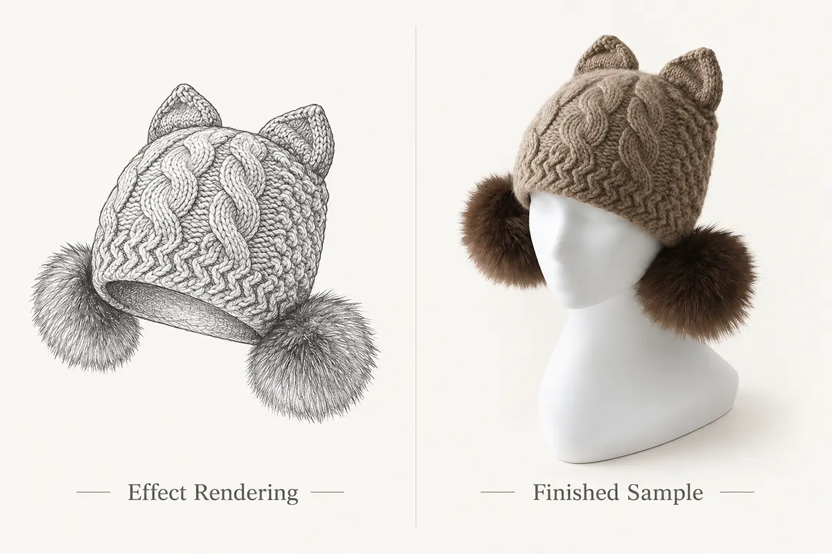 Design sketch beside a finished cat-ear knit hat with pom-poms.